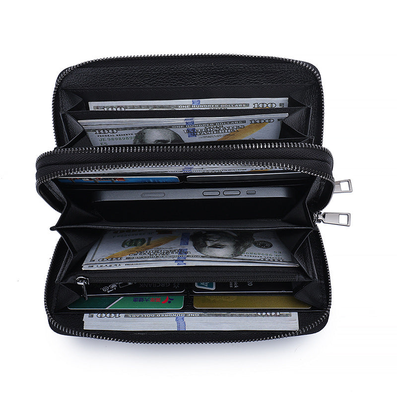 Men's Leather First Layer Cowhide Large Capacity Double Zipper Men's Wallet