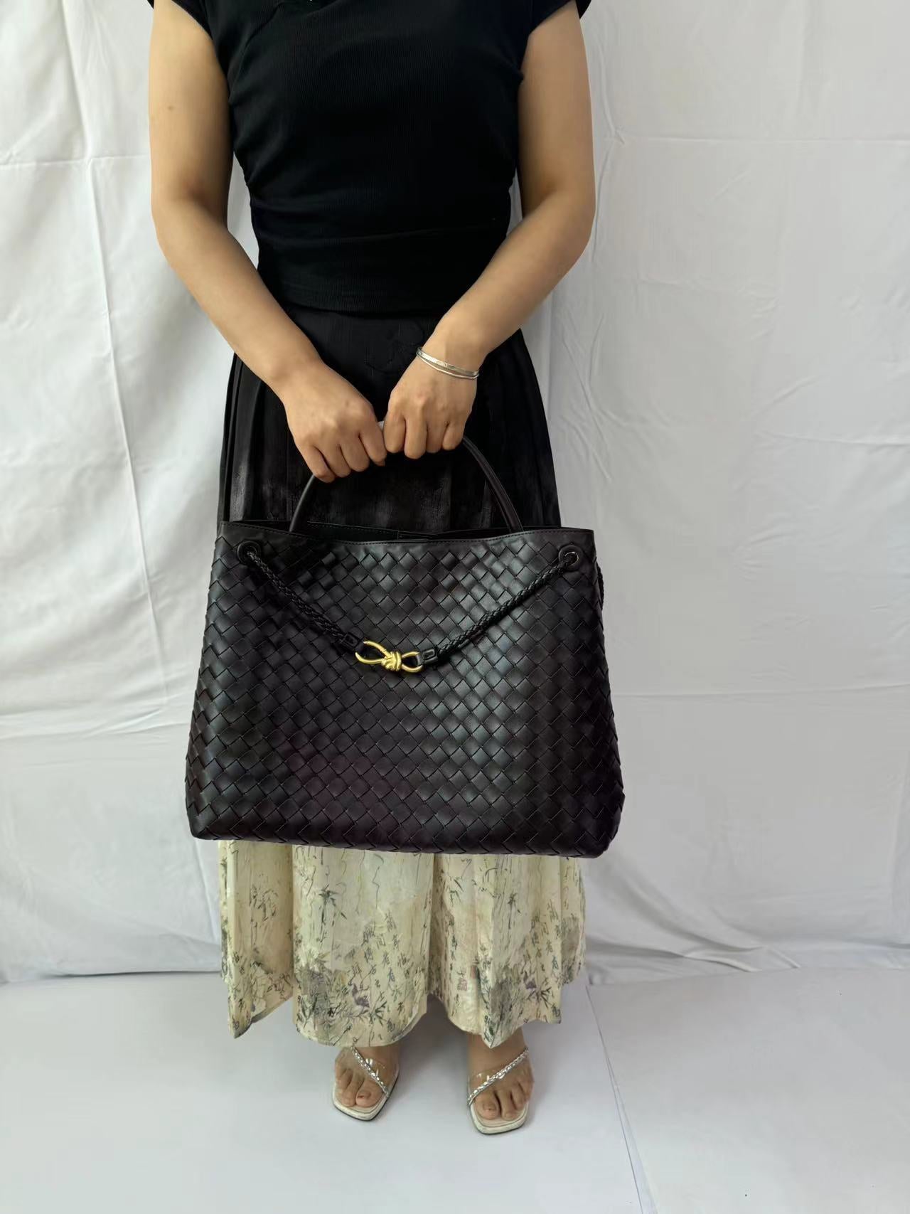 Women's Bow Metal Cord Fastener Woven Genuine Leather Bags