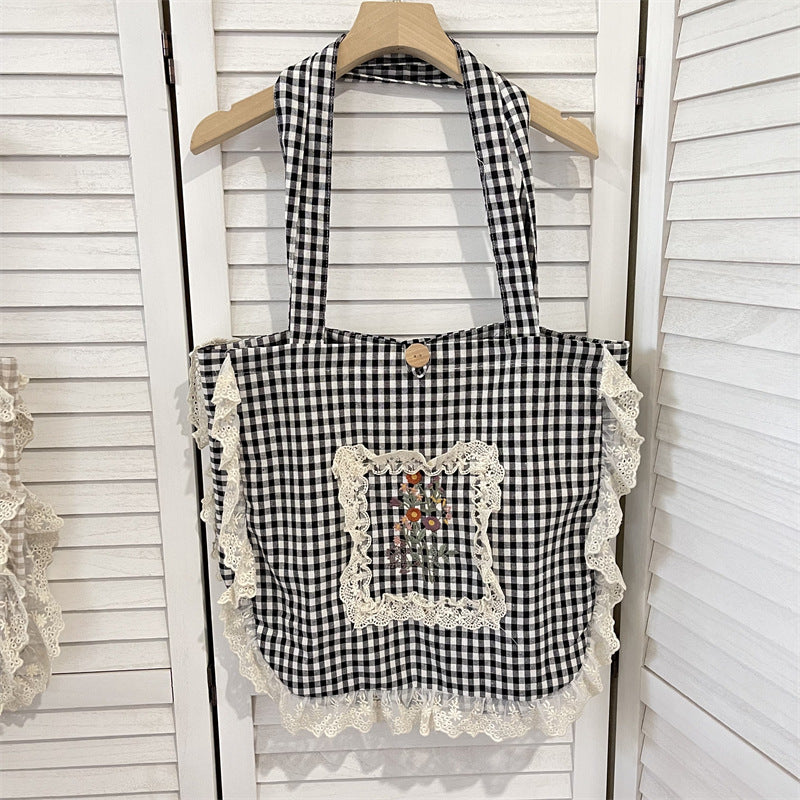 Flounce Vintage Embroidered Large Capacity Plaid Women's Shoulder Bag