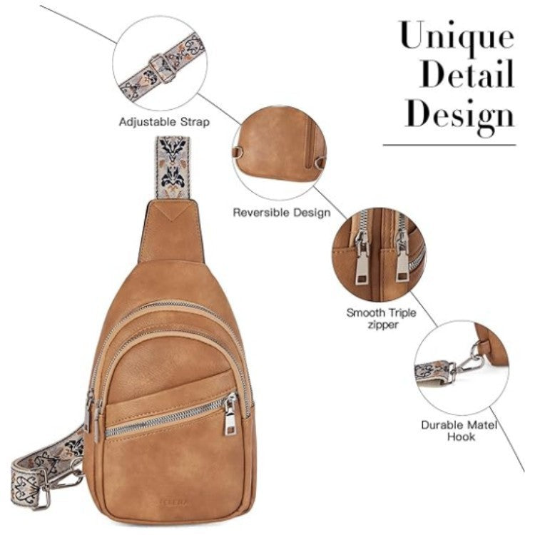 Women's Vintage Hoof Flower Ribbon Large Capacity Leather Women's Chest Bag, Fanny Pack