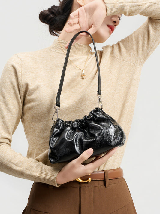 Balls Chain Pleated Cloud Portable Underarm Black Leather Design Sense Women's Messenger Bag