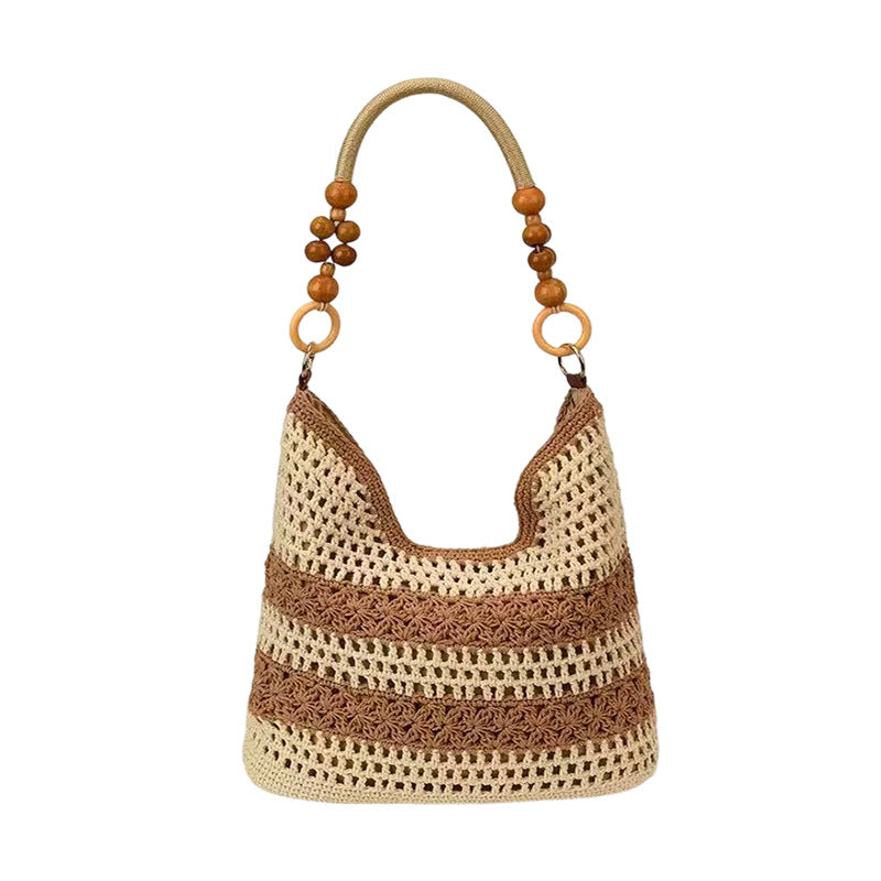 Hollow Crochet Woven Wooden Bead Portable Vacation Women's Messenger Bag