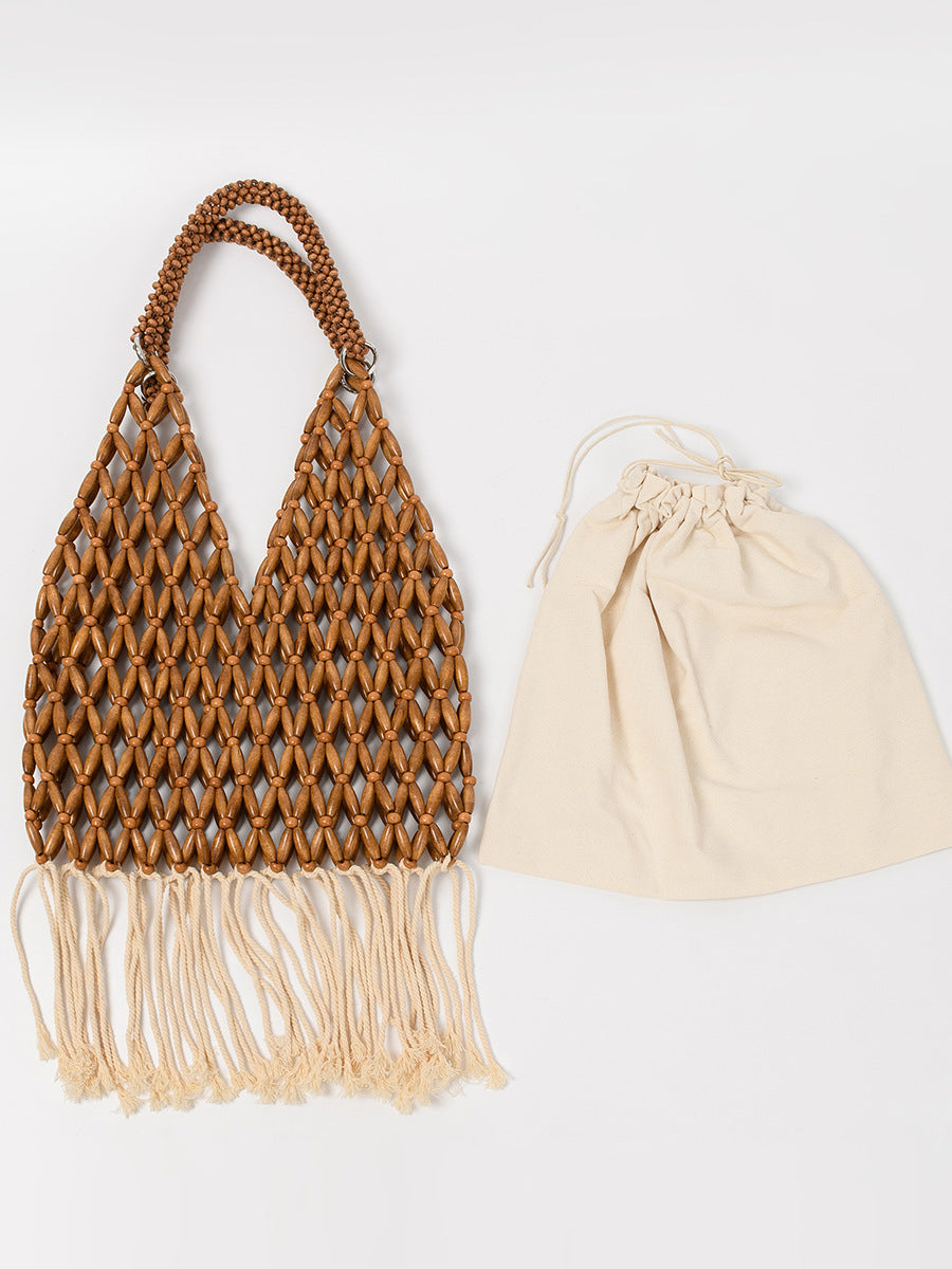 Tassel Hand-woven Beaded Trendy With Wooden Beads Bags