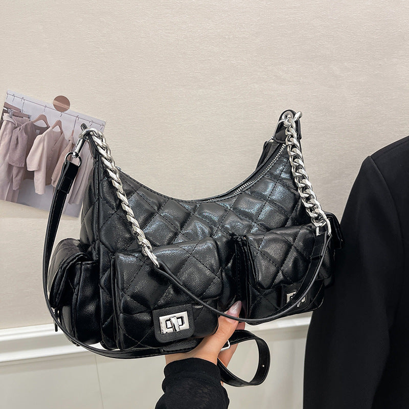 Women's Diamond Pattern Chain Design Motorcycle Underarm Women's Shoulder Bag