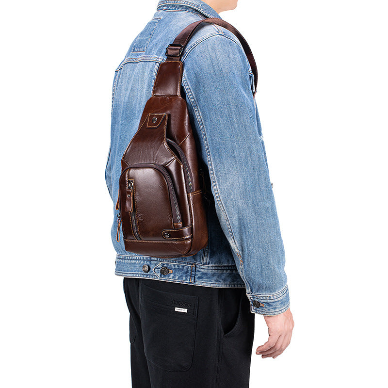 Men's Cowhide Portable Riding Cell Leather Men's Chest Bag