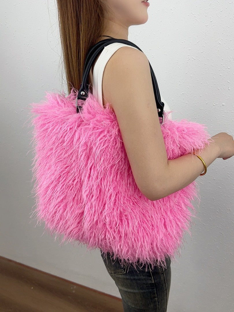Women's Fashion Sense Fur Large Capacity Imitation Sheep Beach Tote Bags