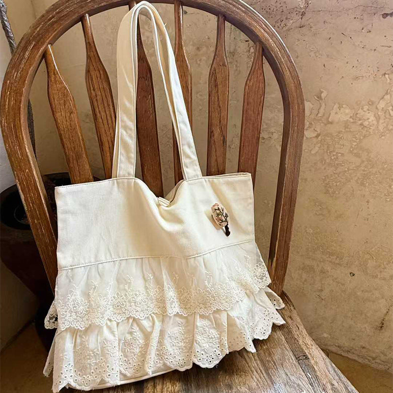 Women's Lace Layered Stitching Canvas Large Capacity Commuter Women's Shoulder Bag