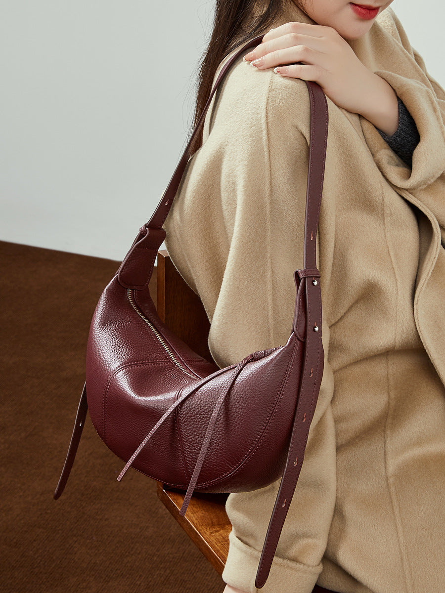 Women's Layer Cowhide Croissant Dumpling Genuine Leather Niche Practical Commuter Solid Bags