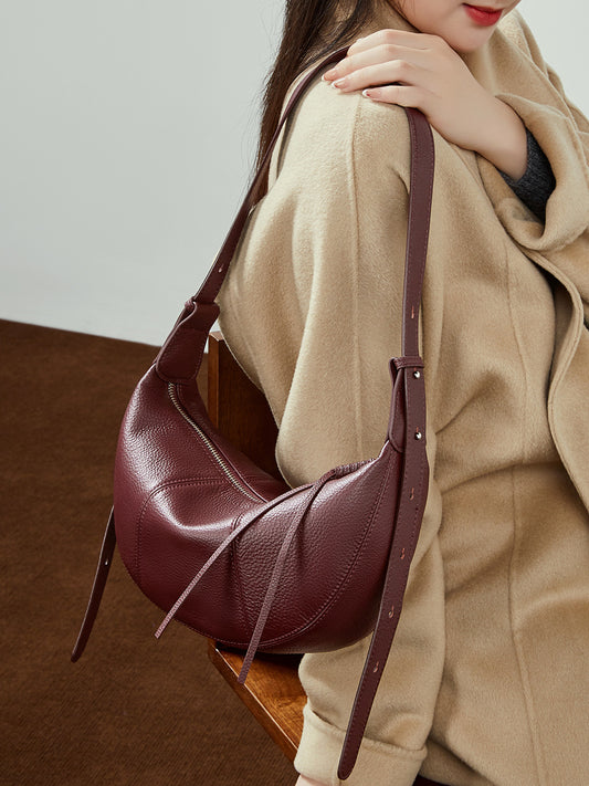 Women's Layer Cowhide Croissant Dumpling Genuine Leather Niche Practical Commuter Solid Bags