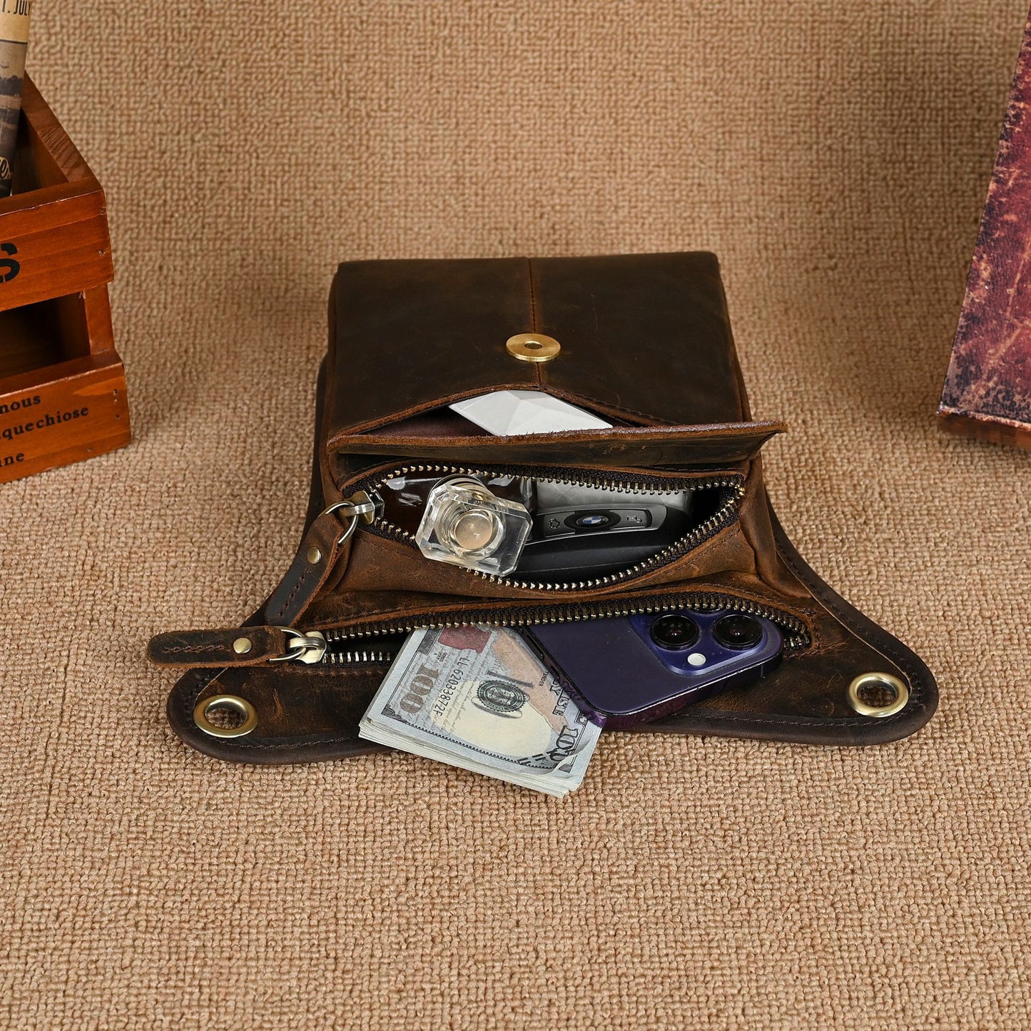 Men's First Layer Oil Waxed Leather Cowhide Trendy Bags