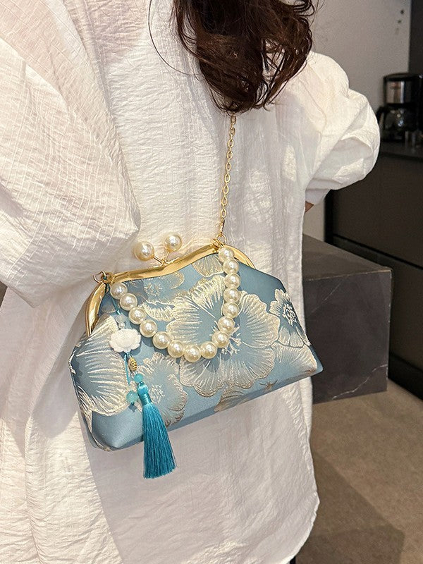 Women's Embroidered Flower Dinner Pearl Tassel Chain Small Square Bag