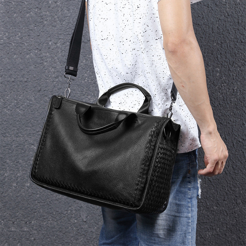 Graceful Men's Business Sheepskin Knitted Leather Men's Tote