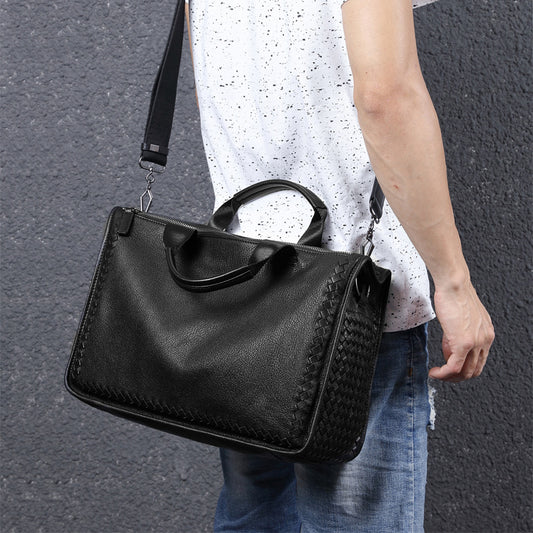 Graceful Men's Business Sheepskin Knitted Leather Men's Tote