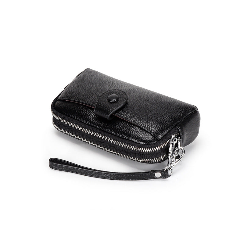 Women's Genuine Leather Chain Layer Cowhide Double Zipper Women's Clutch