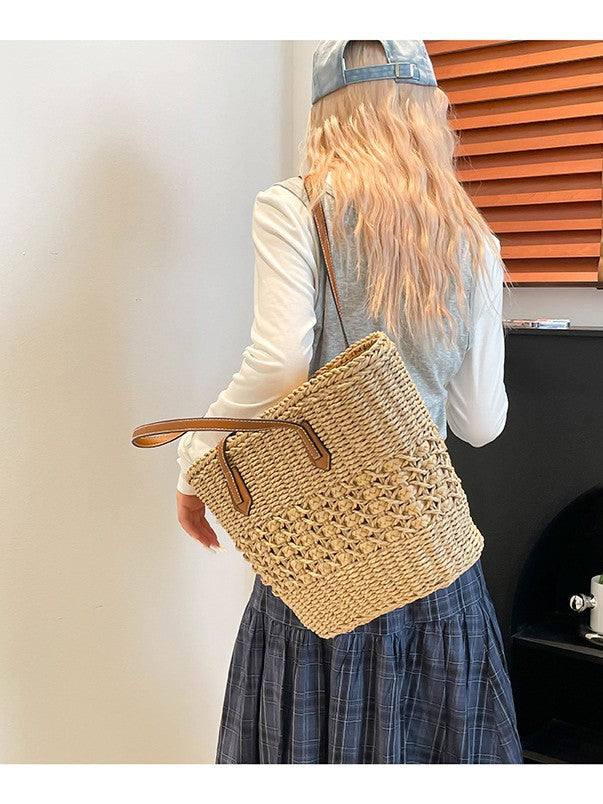 Women's Rainbow Striped Straw Woven Beach Vacation Large Women's Shoulder Bag