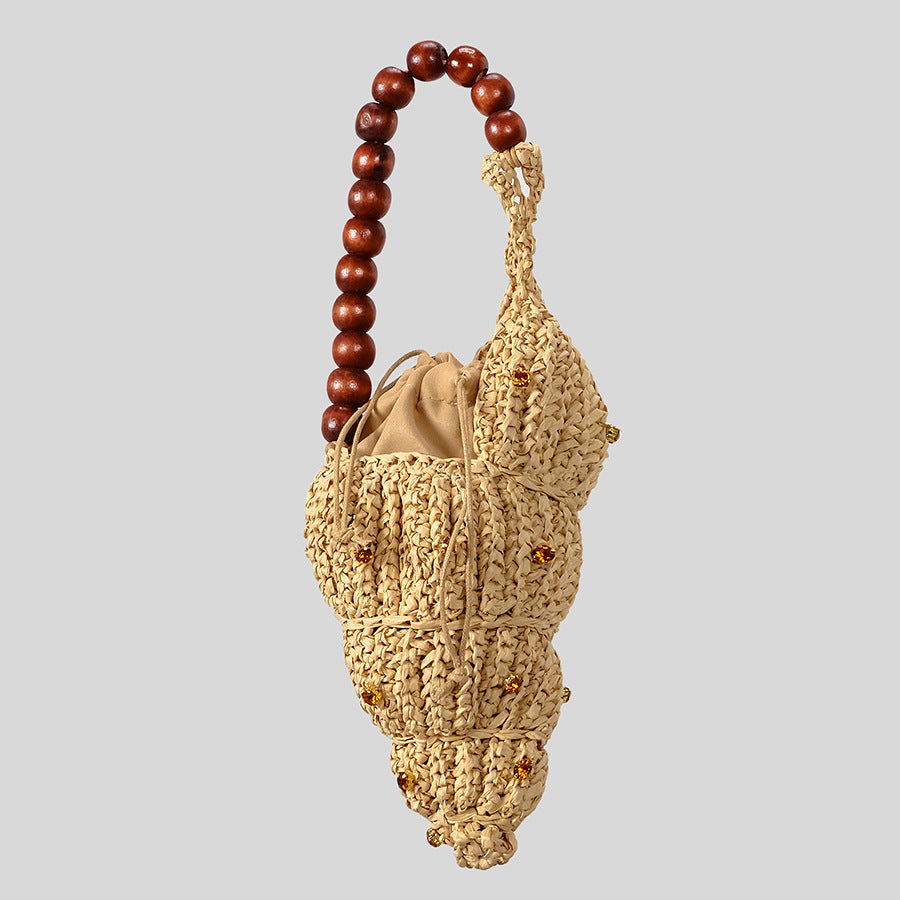 Women's Diamond Conch Straw Wooden Beaded Summer Woven Bags