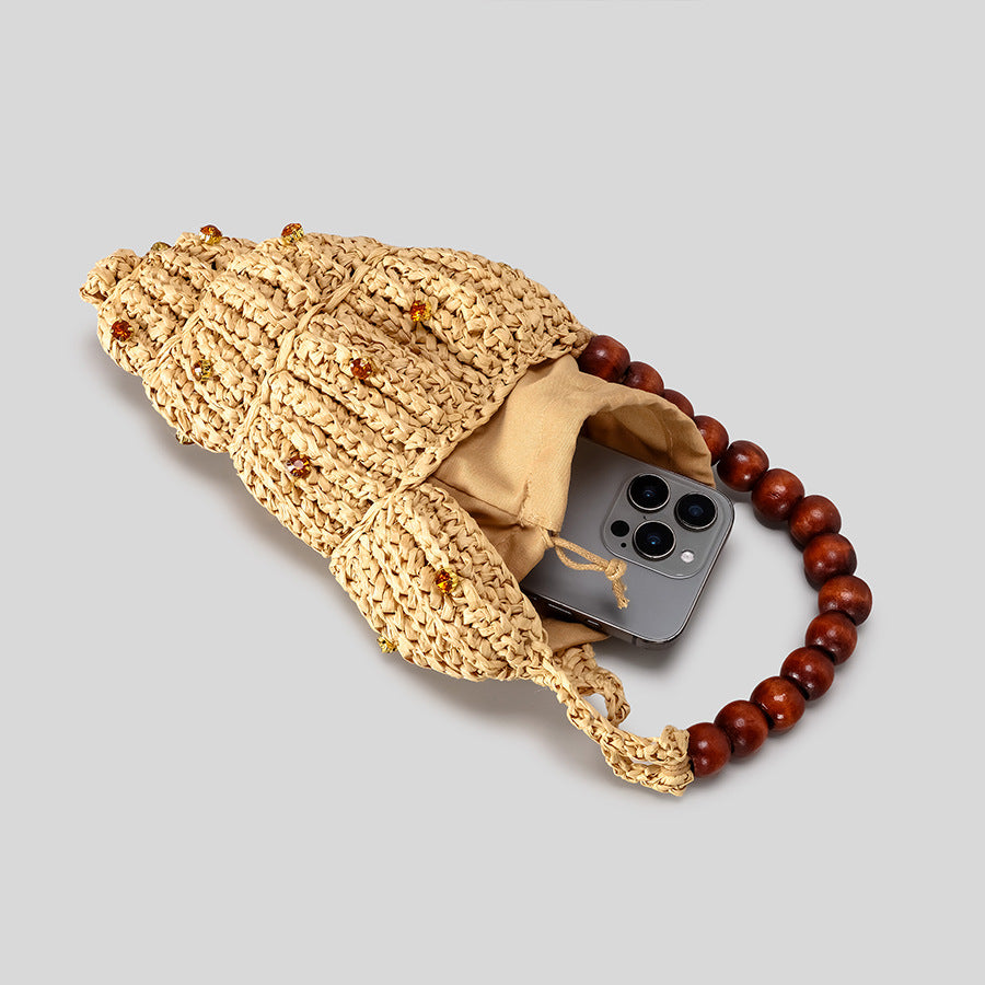 Women's Diamond Conch Straw Wooden Beaded Summer Woven Bags