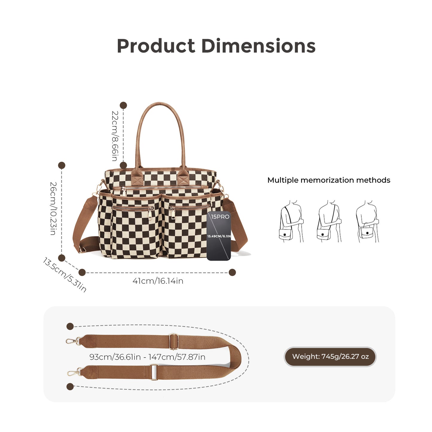 Women's Chessboard Plaid Fashionable Large Capacity Tote Bags