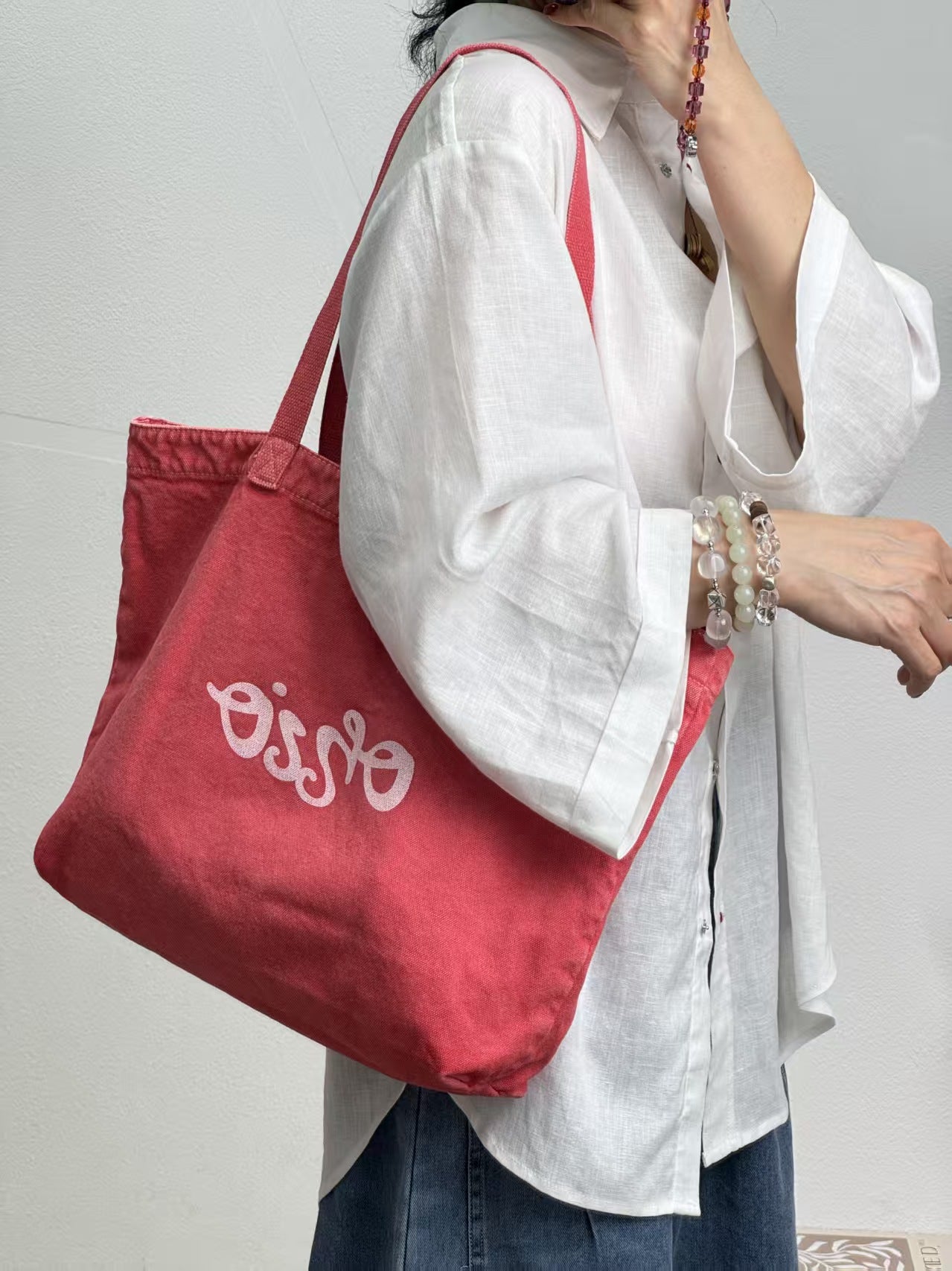 Canvas Washed Letter Embroidery Large Capacity Women's Shoulder Bag