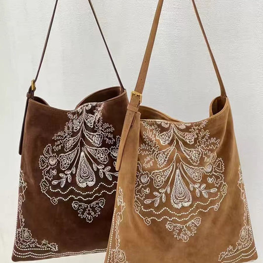 Women's Bohemian Embroidery Matte Leather Beads Large Capacity Retro Easy Matching Women's Shoulder Bag
