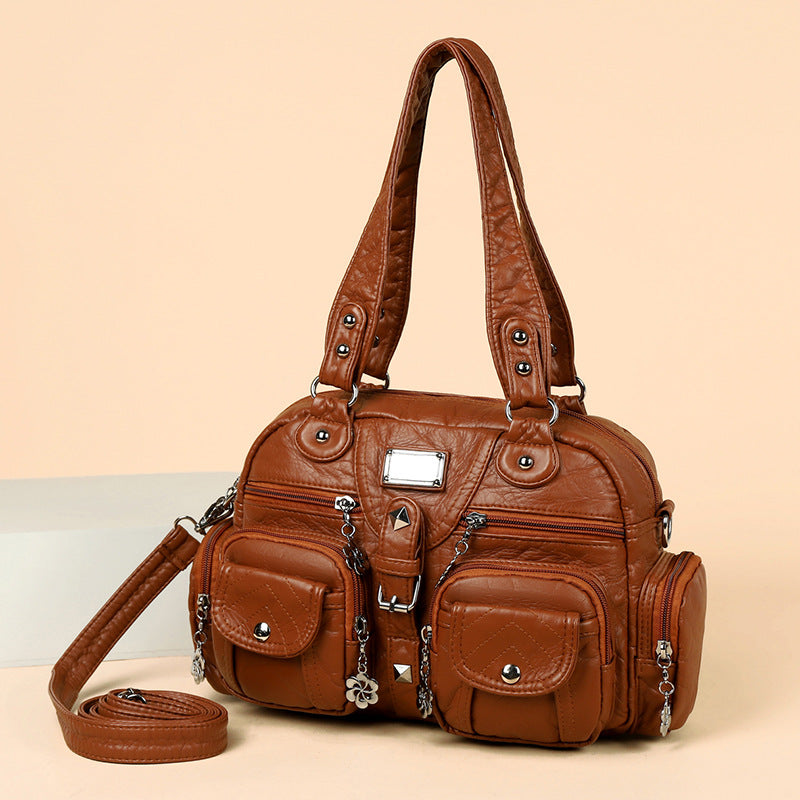 Elegant Sier Flower Real Washed Leather Smiling Women's Handbag