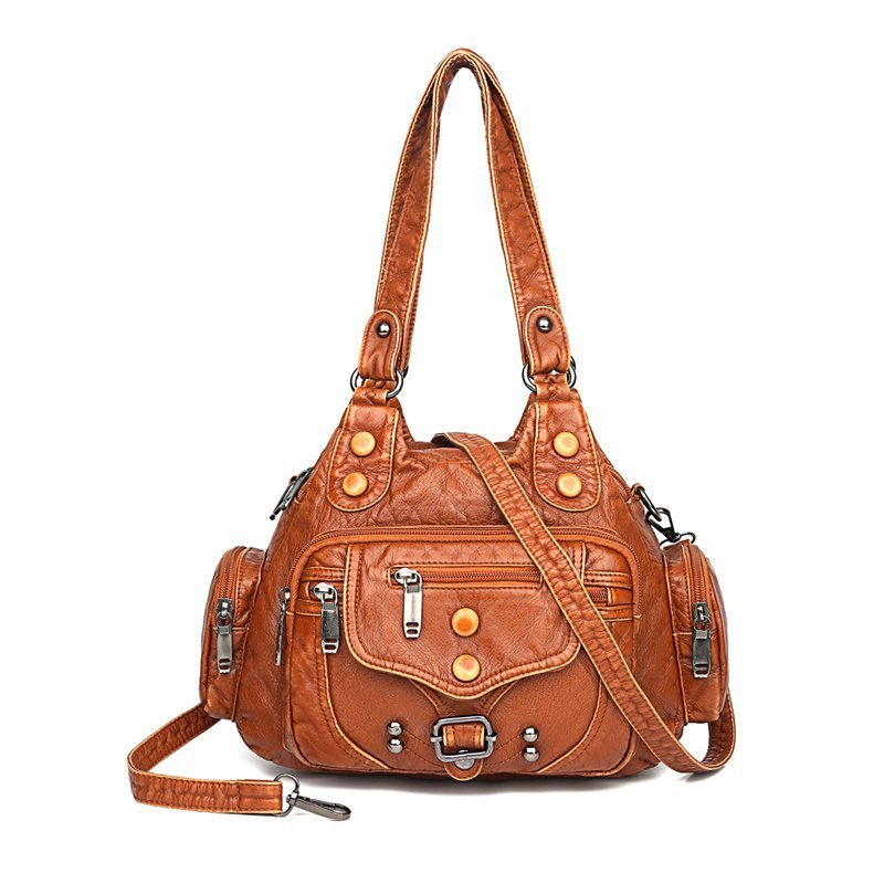 Women's Contrast Color Rivet Washed Leather Portable Soft Women's Shoulder Bag