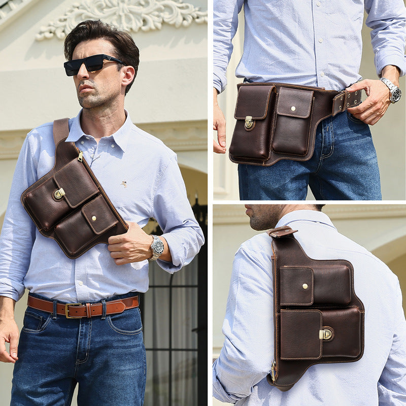 Men's Grain Top Layer Cowhide Big Screen Cell Corns Men's Fanny Pack