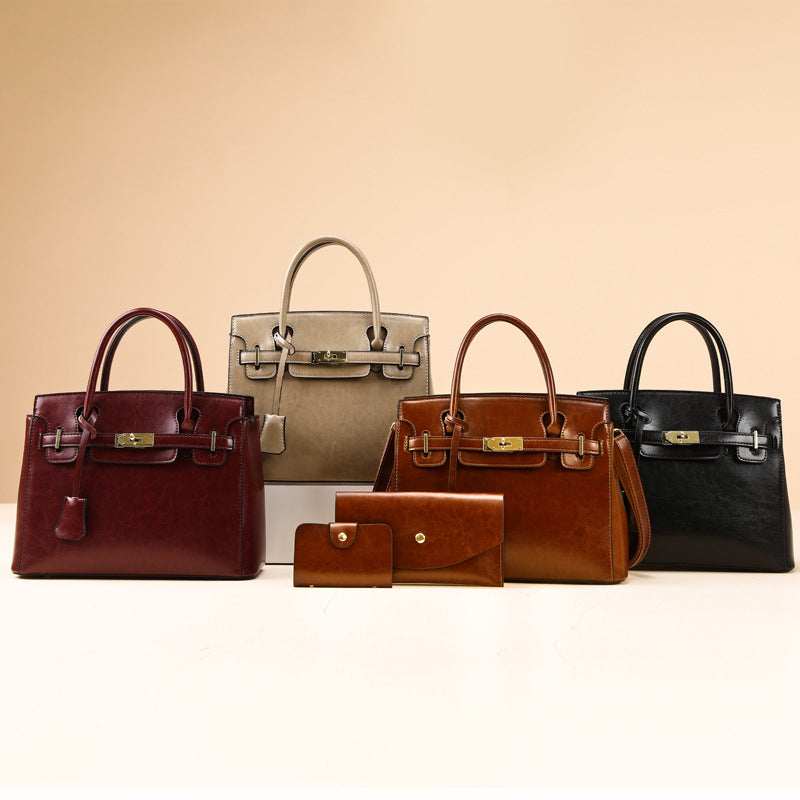 Mother Oil Leather Retro Three-piece Large Women's Handbag