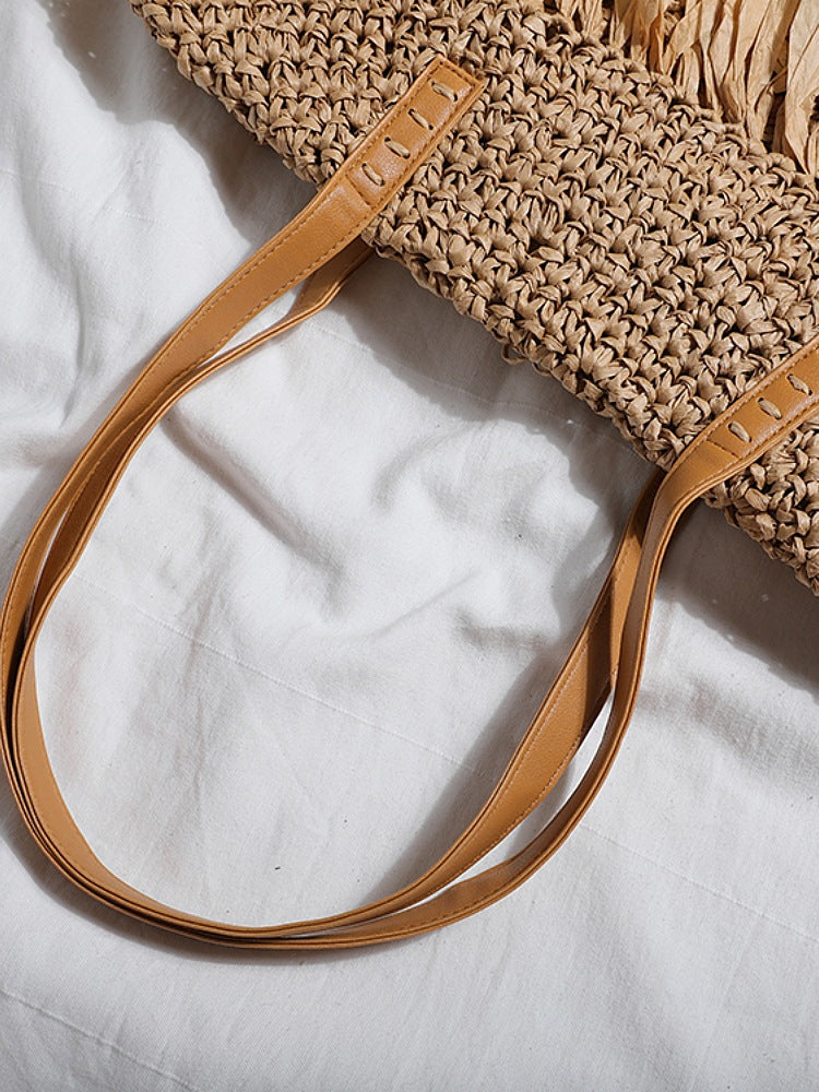 Women's Beach Vacation Weaving Round Ethnic Style Tassel Rattan Large Capacity Bags
