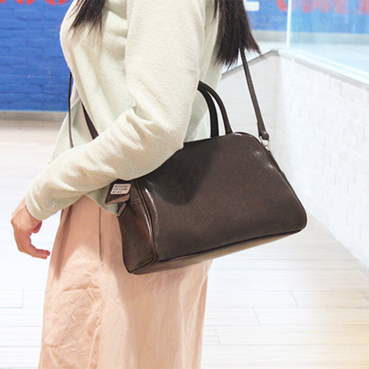 Women's Genuine Simple Minimalist Commuter Portable Boston Retro Solid Women's Leather Bag