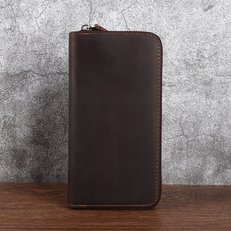 Men's Crazy Horse Leather First Layer Cowhide Zipper Long Retro Handmade Men's Clutch