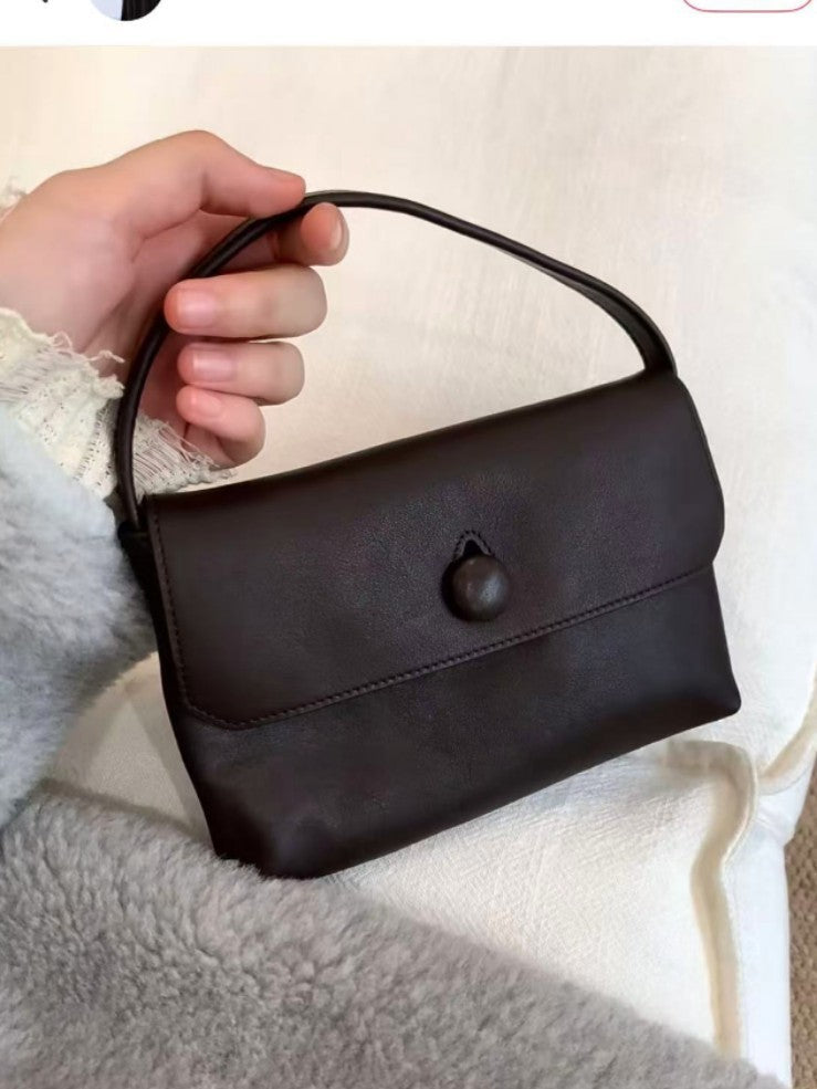 Women's Portable First Layer Cowhide Cute Button Simple Small Square Bags