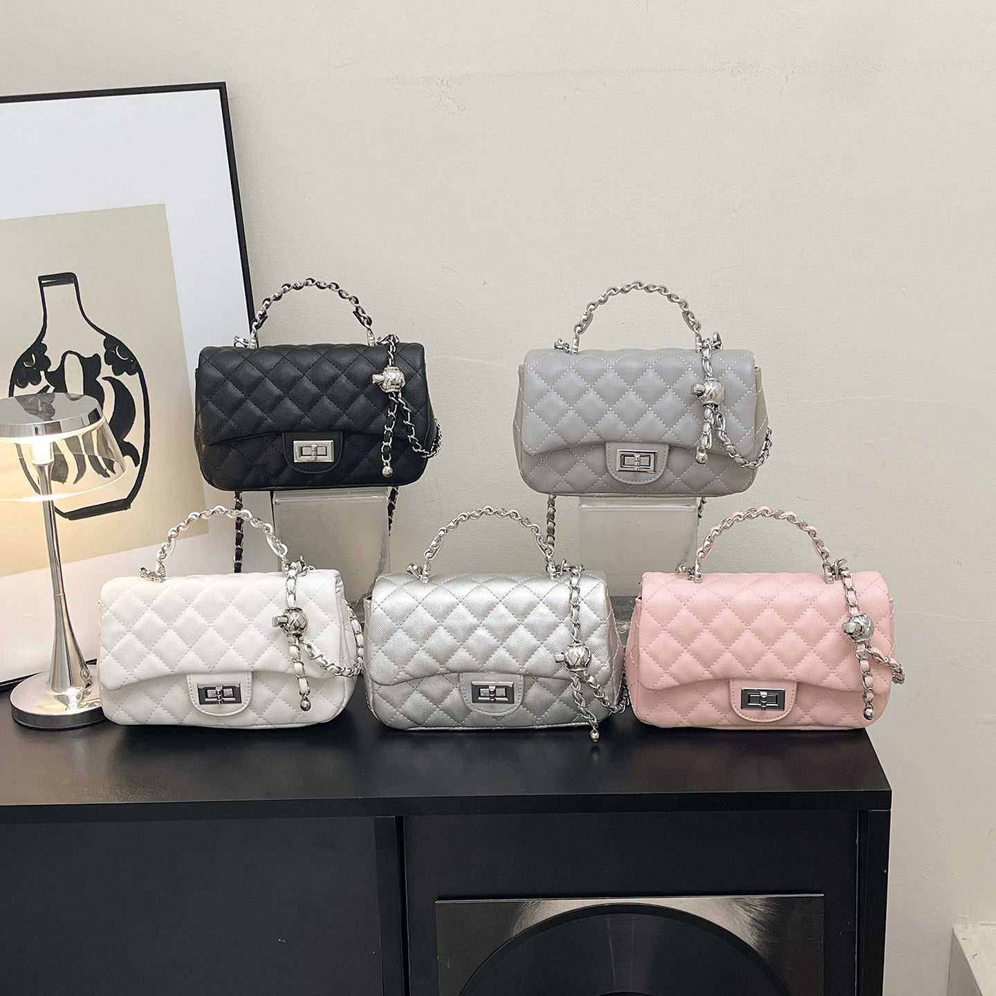 Women's Fashion Sier Hard Portable Diamond Pattern Light Luxury Small Square Bag