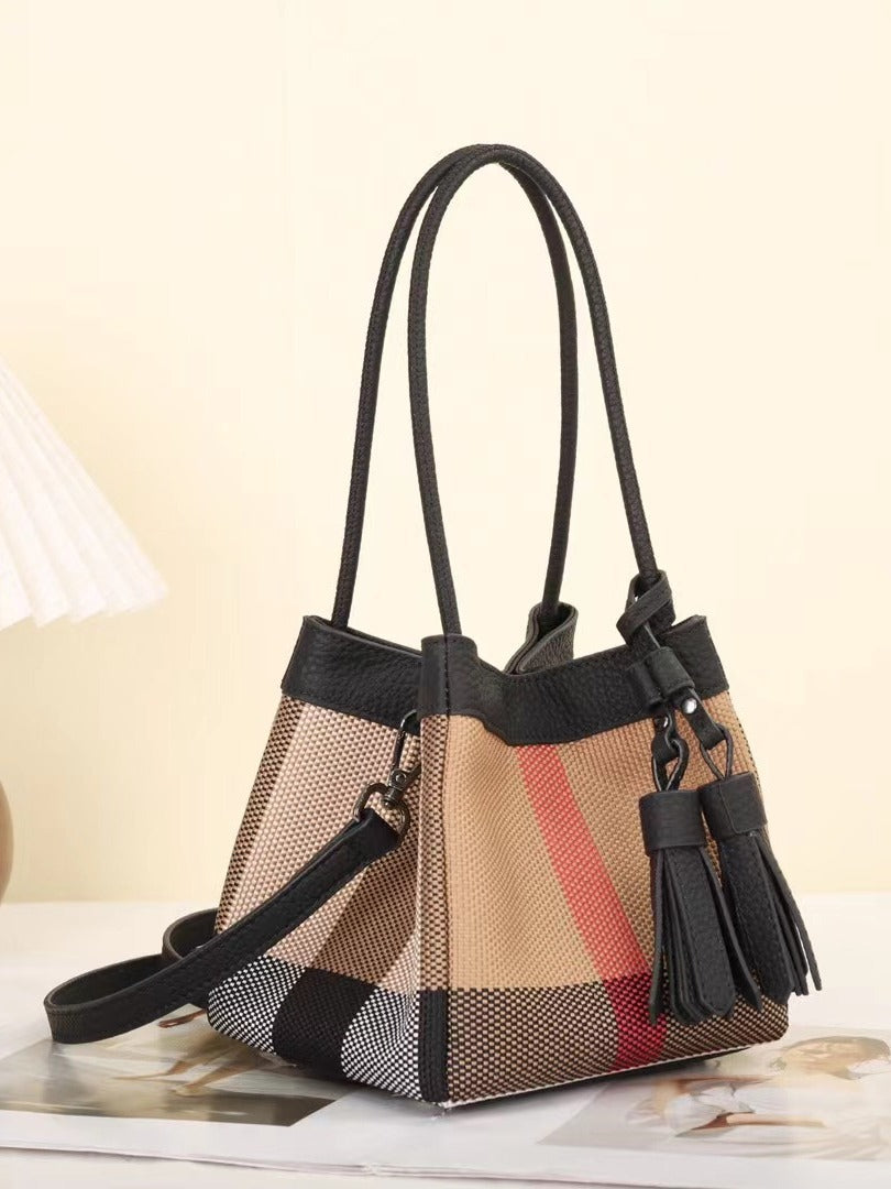 Women's Elegant Plaid Soft Leather Portable Vegetable Bucket Bags