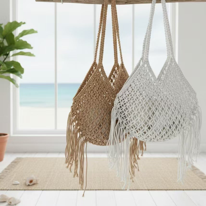Women's Beach Vacation Tassel Hollow Woven Large Bags