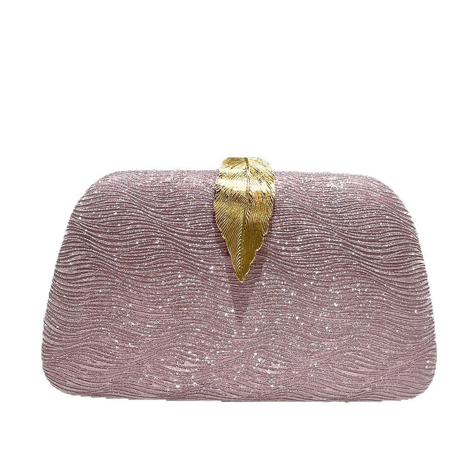 Women's Pink Glitter Striped Leaf Fashion Elegant Dinner Bag