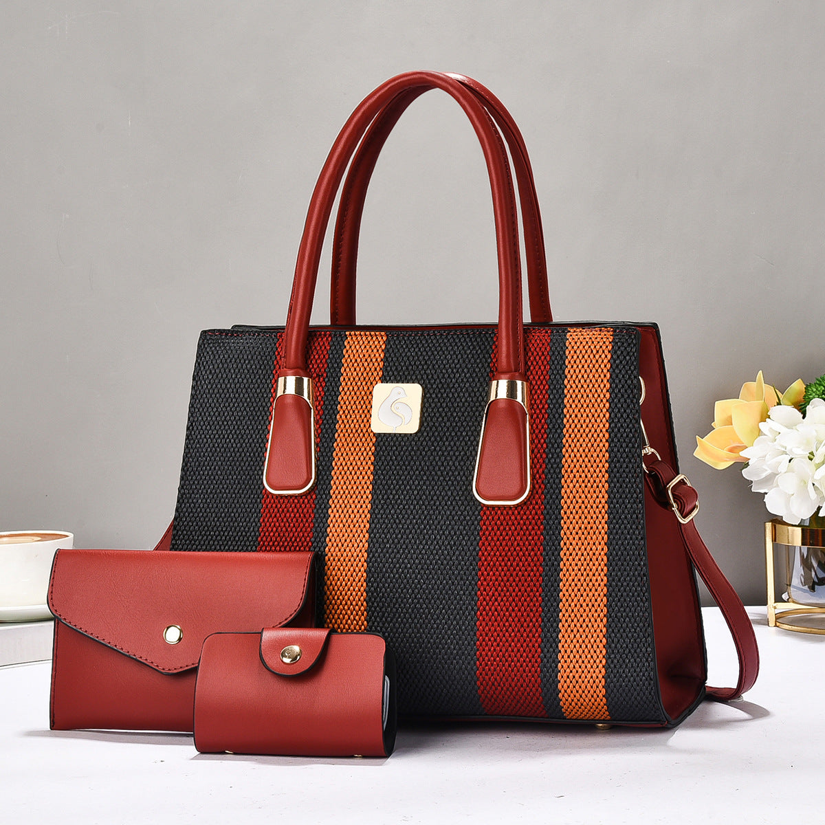 Durable Three-piece Striped Color-matching Versatile Fashion Women's Handbag