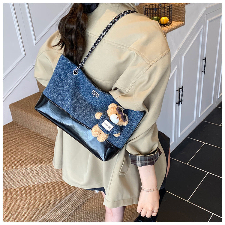 Women's Denim Blue Chain Stray Niche Stitching Contrast Color Pillow Korean Bags