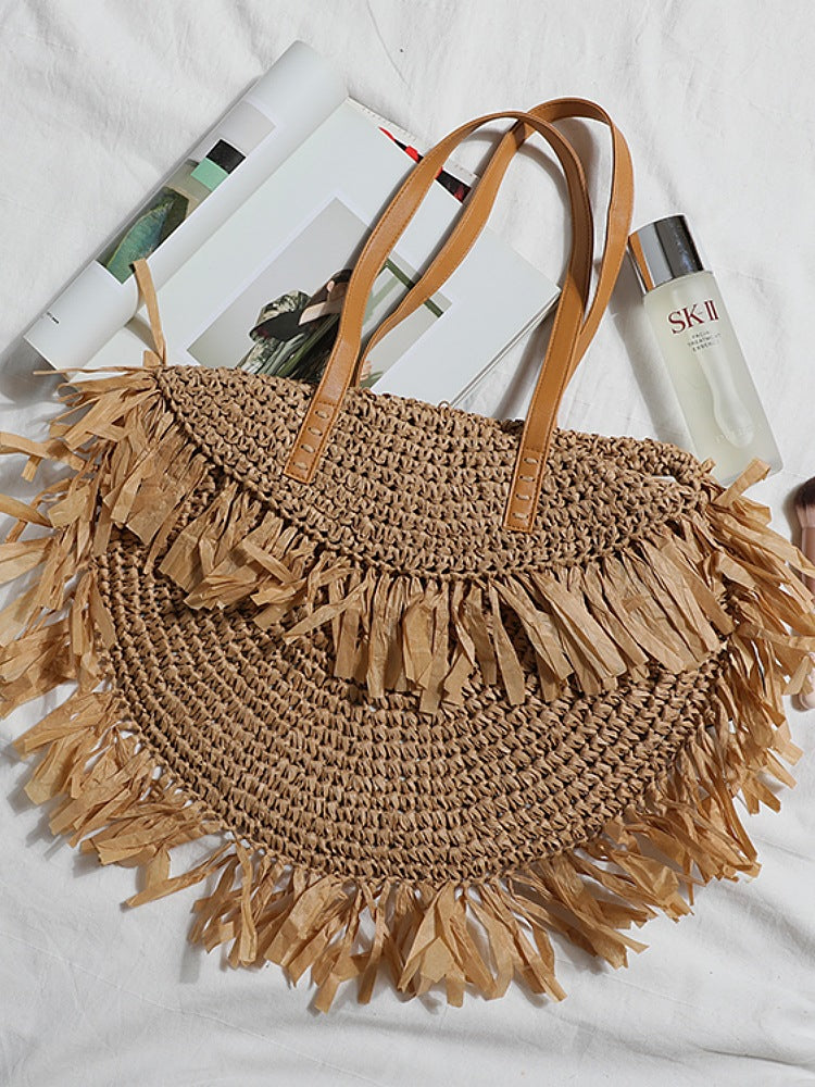Women's Beach Vacation Weaving Round Ethnic Style Tassel Rattan Large Capacity Bags