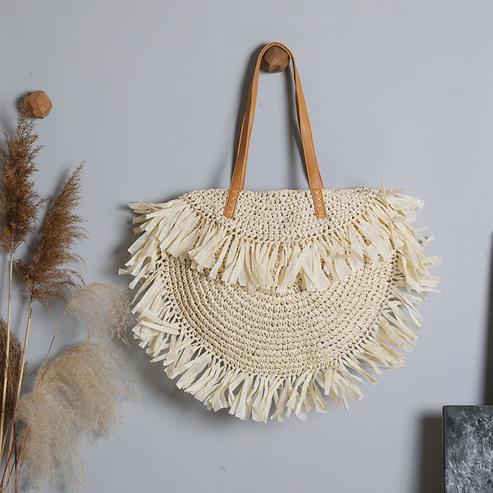 Women's Beach Vacation Weaving Round Ethnic Style Tassel Rattan Large Capacity Bags