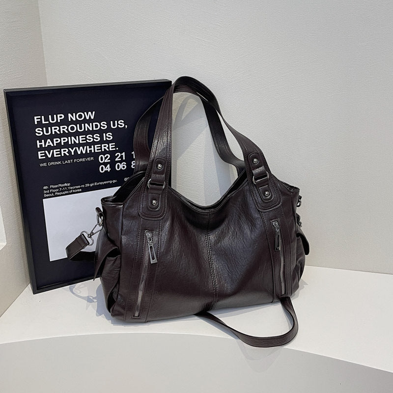 Women's High-grade Fashion Brown Solid Color Large Women's Shoulder Bag