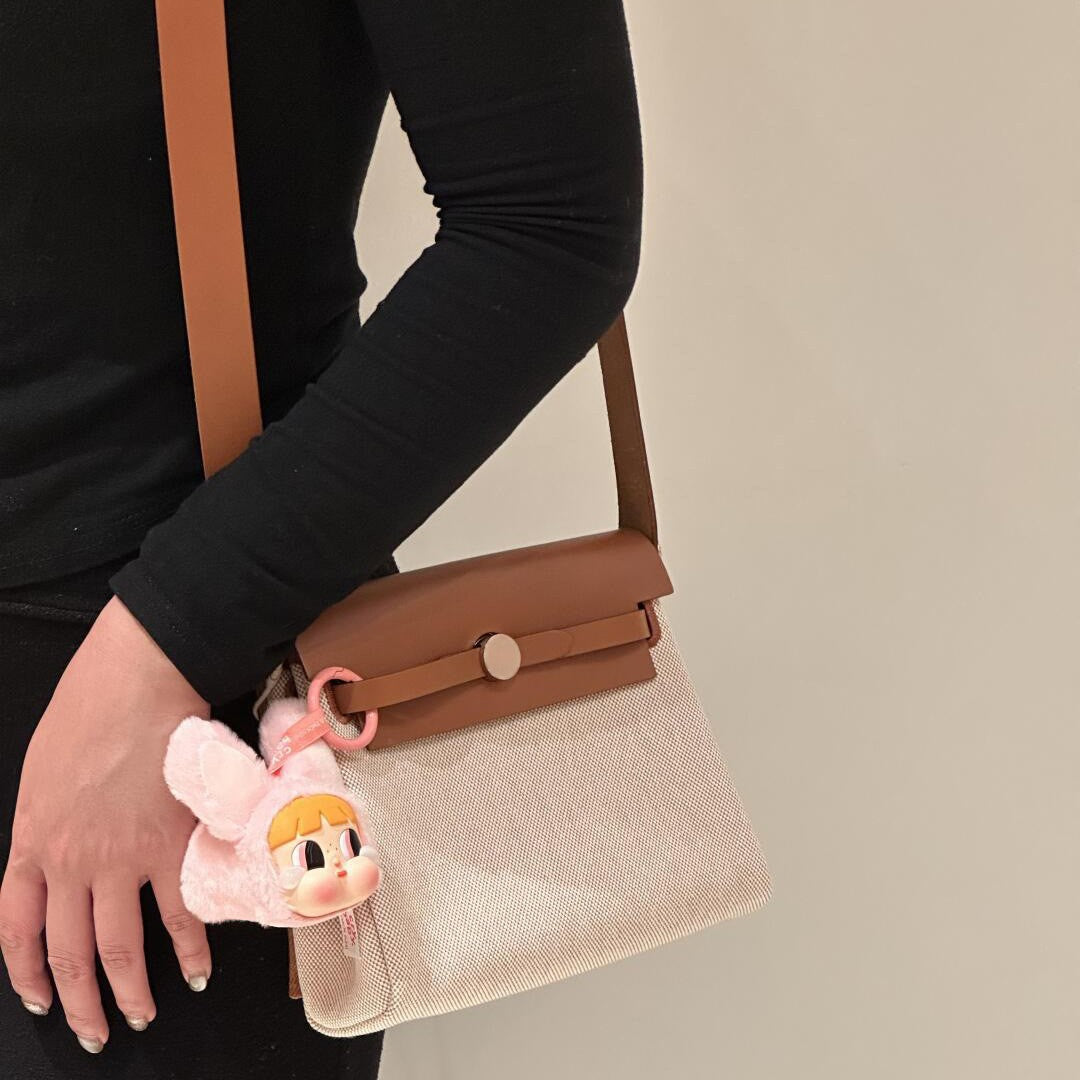 Women's Mini Kelly Cowhide Stitching Canvas Contrast Color Matching Bags