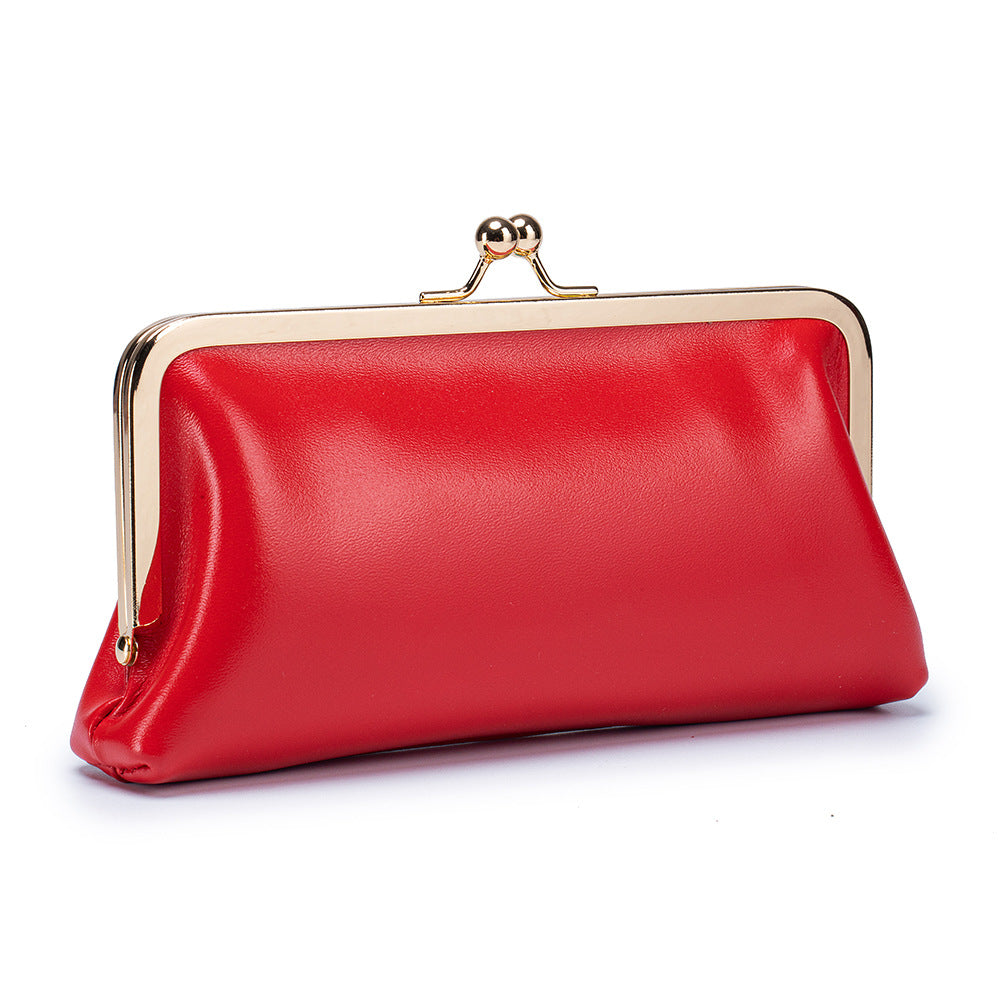Women's Genuine Leather Retro Clip Long Simple Frame Storage Large Women's Clutch