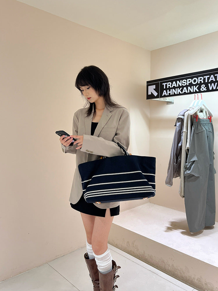 Women's Large Capacity Totes Canvas Striped Dark Blue Portable Travel Bags