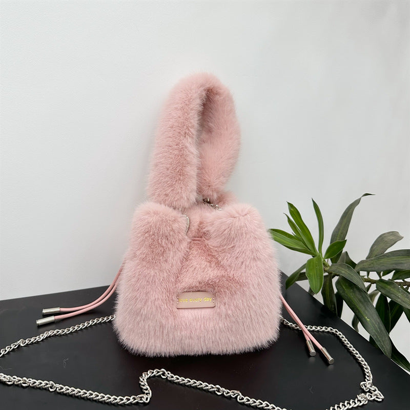 Plush Drawstring Chain Design Style Simple Bags