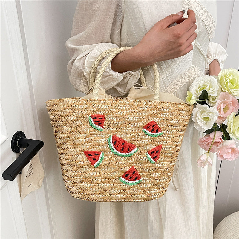 Cherry Lemon Straw Fashion Large Capacity Wheat Woven Seaside Vacation Women's Handbag