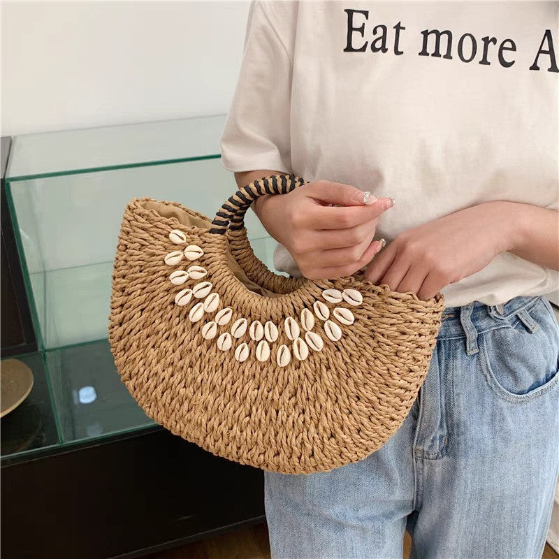 Women's Straw Portable Semicircle Shell Handmade Woven Seaside Vacation Beach Women's Shoulder Bag