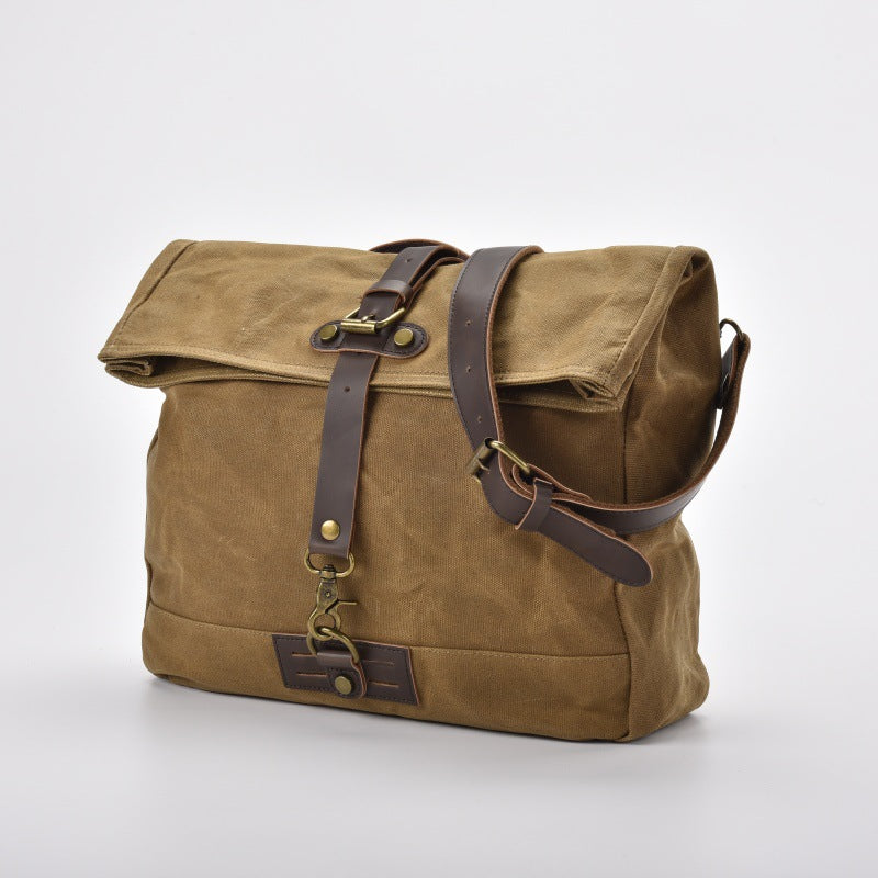 Men's Waterproof Oil Wax Canvas Vintage Crazy Horse Leather Motorcycle Men's Shoulder Bag