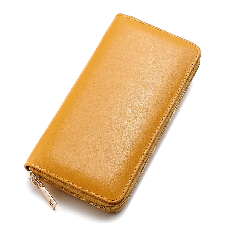 Women's Oil Wax Grain Cowhide Zip Long Genuine Leather Large Ladies Wallet
