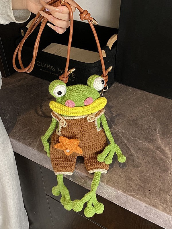 Women's Cartoon Big Mouth Frog Mobile Handmade Crochet Finished Women's Shoulder Bag